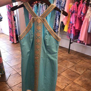 High neck Lily Pulitzer Teal and Gold Dress- ESC